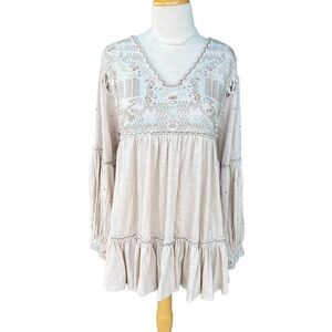 Free People Much Love Tunic Salt Boho Embroidered Blouson Sleeves Open Back NWT